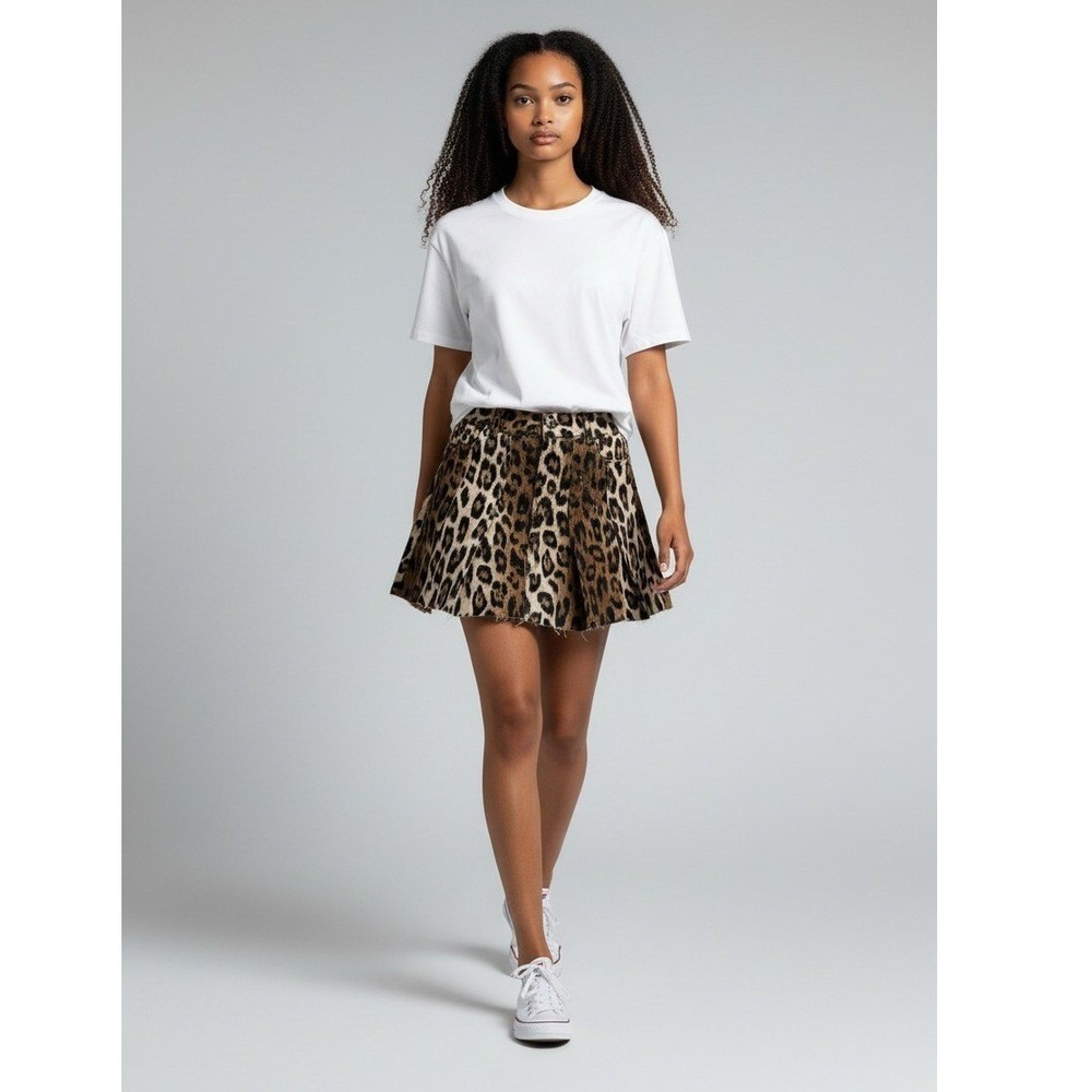 GB Leopard Print Pleated Mini Skirt Brown Black Raw Hem Size M
